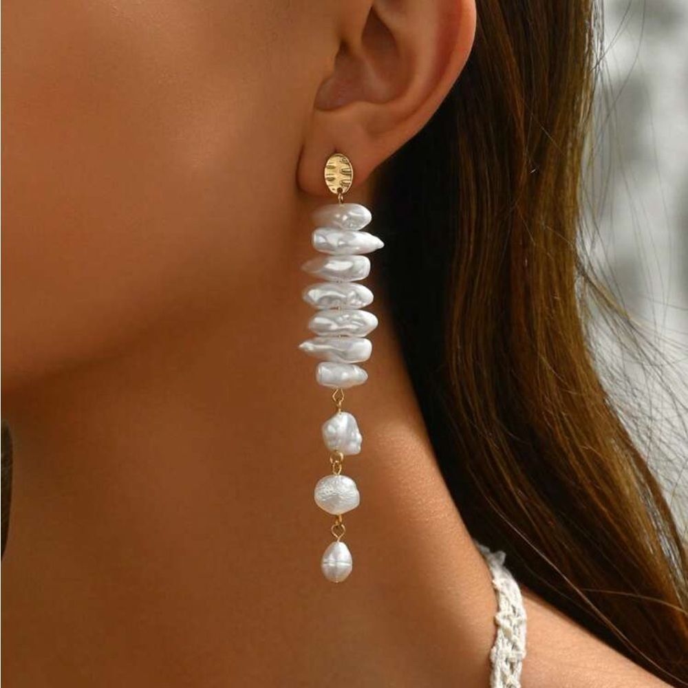 Anthropologie White Baroque Pearl Drop Earrings with Gold Accents